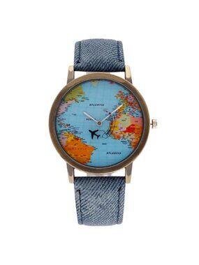 Airplane Moving Flying World Map Watch Butterfly Watch with Blue